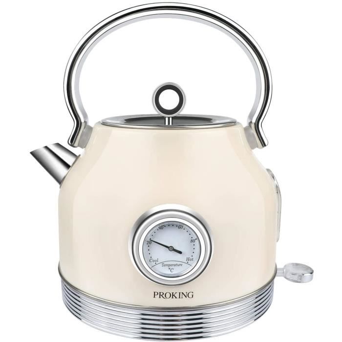 PROKING Bouilloire Électrique Acier Inoxydable en 1.7L, Vintage Rétro avec Thermomètre Ebullition Rapide 2200W Protection Contre...
