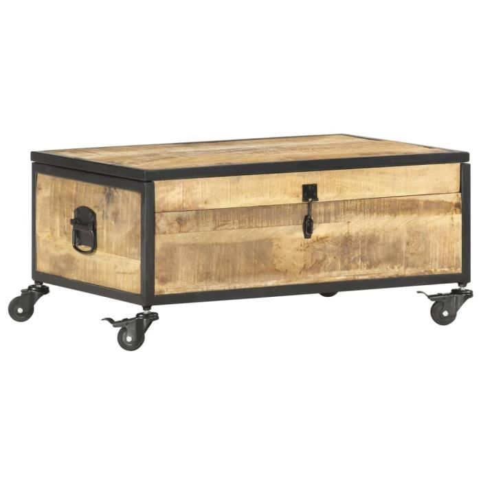 Table basse 70x50x33 cm Bois de manguier massif Avec 1 porte relevable et 4 roulettes