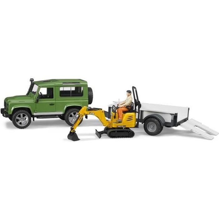BRUDER - LAND ROVER Defender avec une remorque, Mini Pelle JCB et personnage - 61 cm