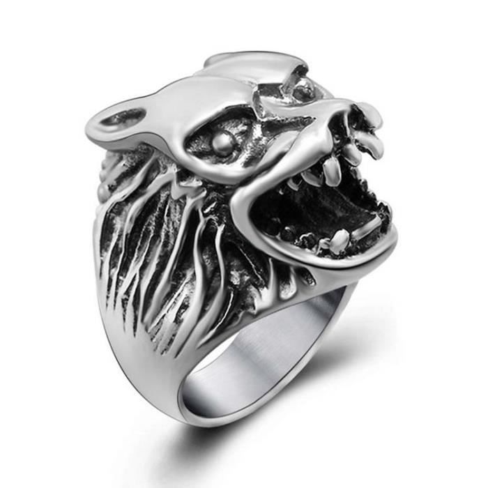 Mode Argent 925 plaqué inoxydable Bague acier Gravé Loup style Bijoux homme