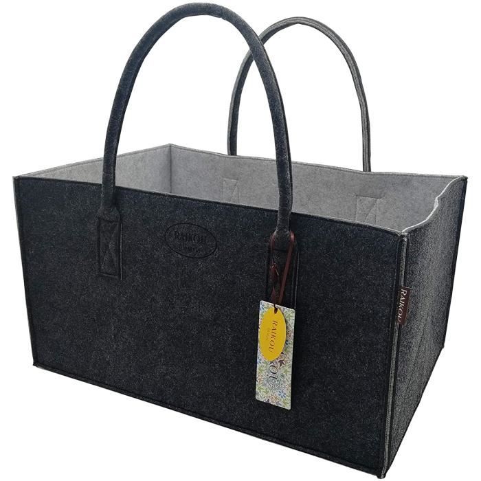 RAIKOU Sac en Feutre,Cabas Courses,Panier Plage Pique-Nique,Sac bûches,Sac bois,Panier Linge,Rangement Jardin,Noir/Gris,50x25x25cm