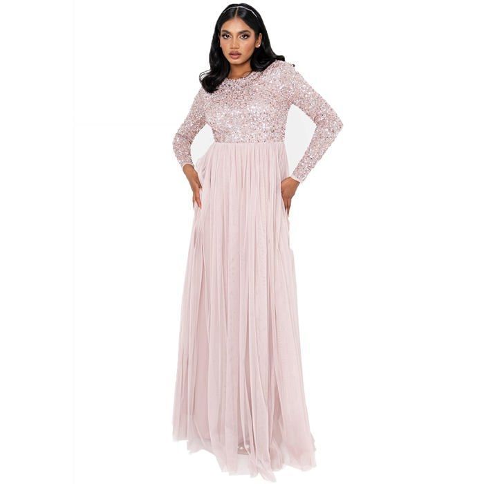 Robe Demoiselle D'honneur Maya Deluxe - Manches Longues Pailletées - Tulle - Taille 34 à 56 - Plusieurs Coloris