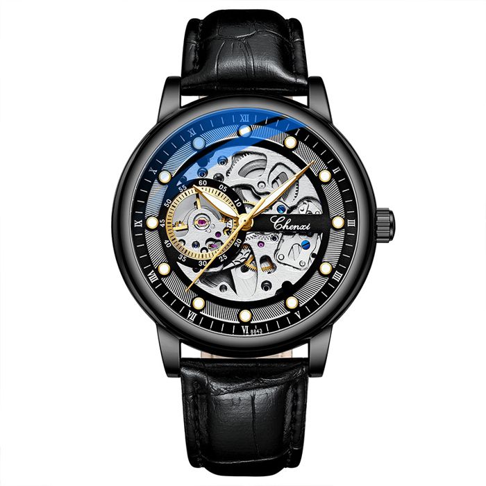 SHARPHY Montre homme de luxe bracelet en cuir mécanique automatique cadran squelette chronographes noir cool cadeau danniversaire
