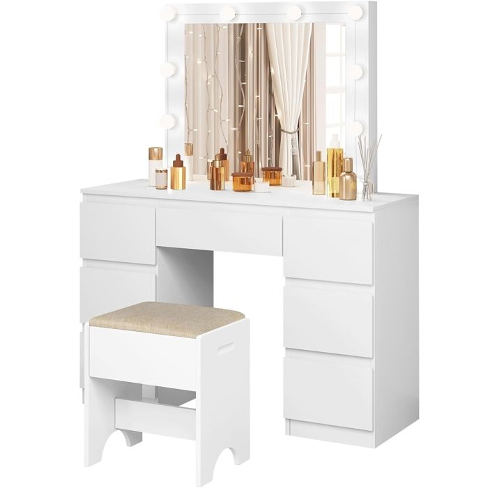 WOLTU Coiffeuse et Tabouret Miroir LED Luminosité Réglable Table de Maquillage 7 Tiroirs Grand Espace de Rangement Blanc WOLTU Coiffeuse et Tabouret Miroir LED Luminosité Réglable Table de Maquillage 7 Tiroirs Grand Espace de Rangement Blanc