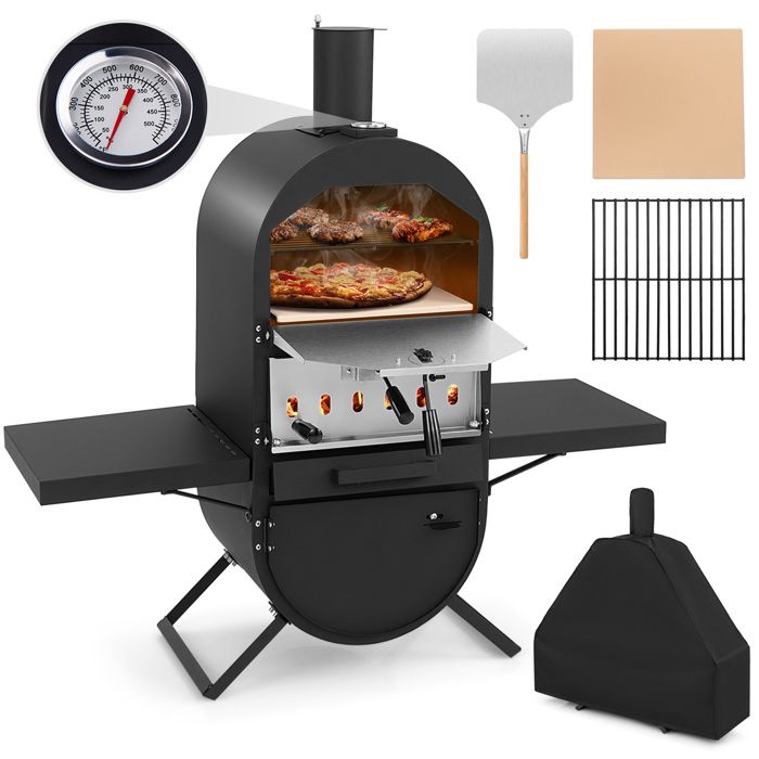 Four à Pizza à Bois Extérieur COSTWAY-Portable-Zone de Cuisson à 2 Couches-Housse de Pluie-Etagères Latérale-Thermomètre-Pierre