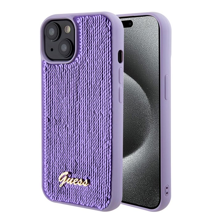 Guess Étui pour iPhone 15 6.1 violet étui rigide Sequin Script Metal - vue 4