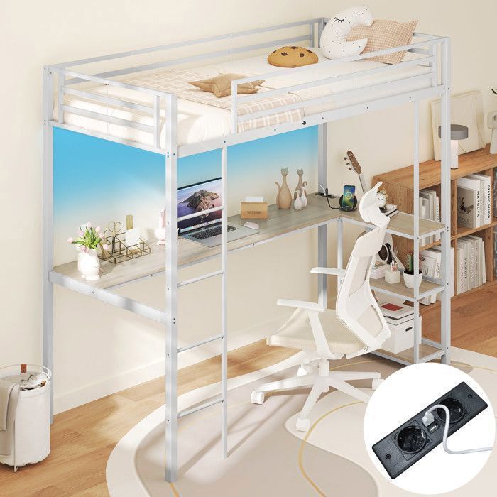 Lit Mezzanine 90 x 200cm COSTWAY avec Bureau LED Contrôlé par APP Station de Charge et Rangement Garde-corps de Sécurité Argent