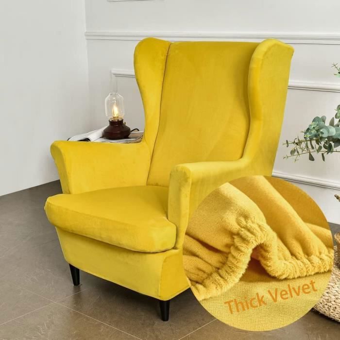 Velours Housse de Fauteuil à Oreilles Extensible 2-Pièces Couverture de Fauteuil avec Housse de Coussin en TJaune