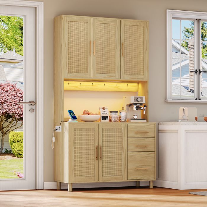 Buffet de cuisine éclairage décoratif LED 2 ports USB 2 prises 3 tiroirs Naturel 183 cm Buffet de cuisine éclairage décoratif LED 2 ports USB 2 prises 3 tiroirs Naturel 183 cm