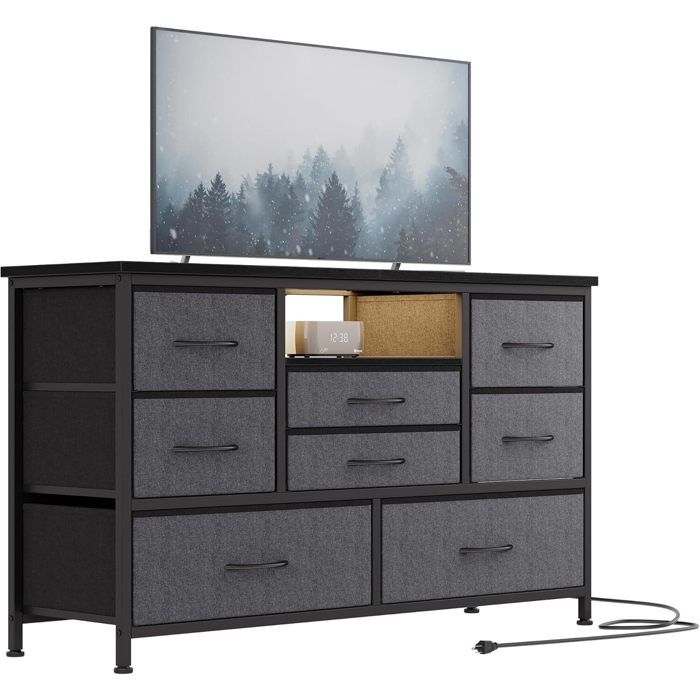 Commode Tissu pour Chambre Commode 8 tiroirs en tissu Meuble De Rangement GRIS FONCE Style Moderne-115X30X75CM