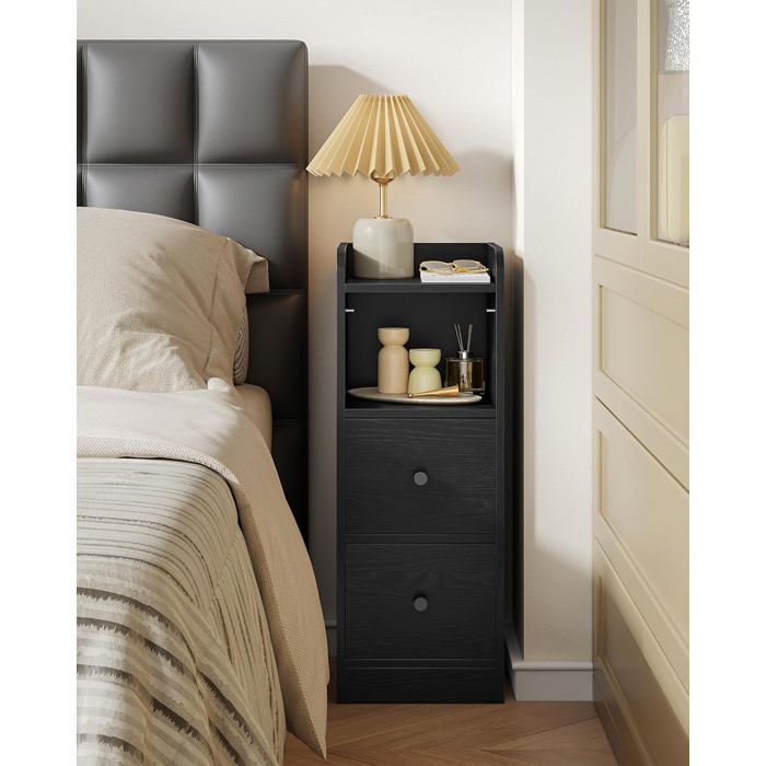 Table de ChevetTables dAppoint étroite avec 2 TiroirsTable de Nuit avec Compartiment OuvertPosition Réglable des Tiroirs mNoir