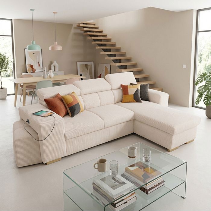 SIRIUS Canapé dangle reversible convertible Blanc PERLE (velours côtelé ) - Taille M - 4 places - 251 x 165 x 94