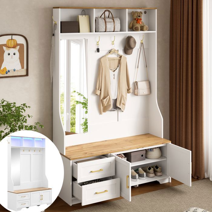 Meuble dentrée vestiaire avec miroir - LED & Banc - Armoire dentrée moderne avec espace de rangement et assise - 120x40x187cm