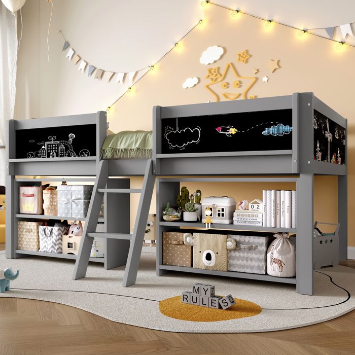 Lit mi-hauteur enfant - MERAX - 90x200 cm - Bois massif - Échelle incluse - Tableau à dessin Lit mi-hauteur enfant - MERAX - 90x200 cm - Bois massif - Échelle incluse - Tableau à dessin