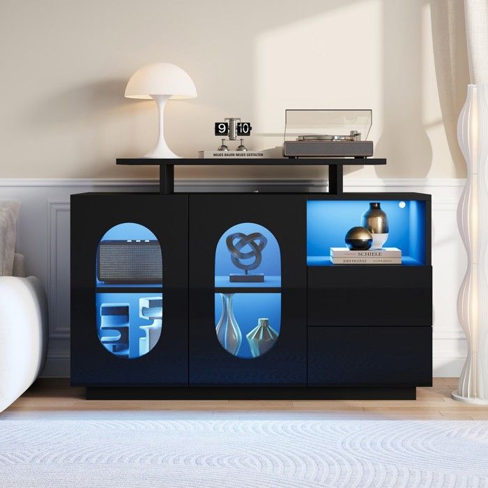 Buffet Bahut Noir LED 120x40x80cm Portes Ovale Verre Façade Brillante Design Moderne Rangement Pratique Vitrine/Minibar