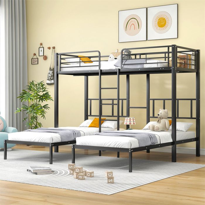 Lit superposé triple 3x 90 x 200 cm métal noir avec échelle et barrière de sécurité