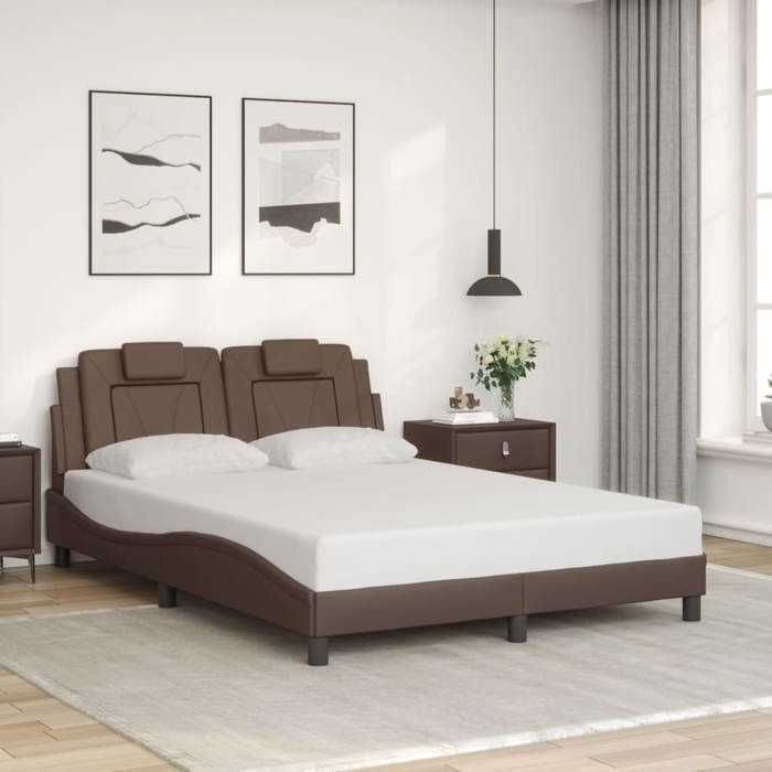 Cadre de lit en similicuir - UU - Viana - 140x190 cm - Marron - Tête de lit incluse - Similicuir durable