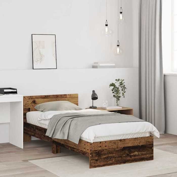 Cadre de lit en bois dingénierie - UU - 90x190 cm - Bois ancien - 193x93x70 cm - Cadre à lattes - Poids maximal 100 kg