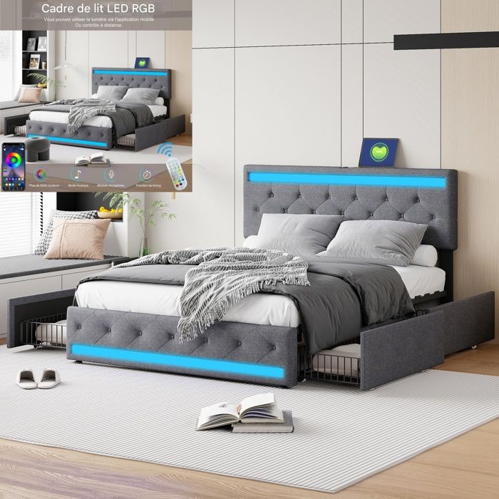 Lit double 140x200 cm - KILISKY - Avec LED et USB - 4 tiroirs - Sommier inclus - Gris