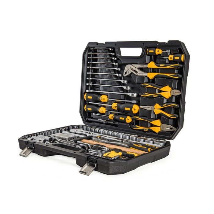 Mallette à outils 112 pièces Lampe torche Tournevis Douilles clés pinces et embouts Coffret à outils BMC VITO Mallette à outils 112 pièces Lampe torche Tournevis Douilles clés pinces et embouts Coffret à outils BMC VITO