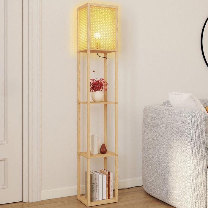 IDMARKET Lampadaire naturel en bois clair avec étagères et abat-jour carré effet cannage