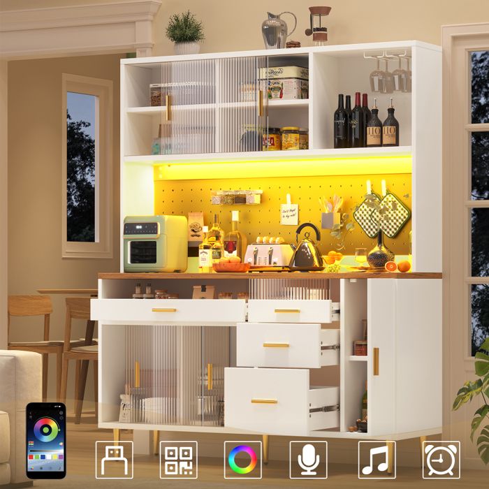 Buffet haut salle à manger -Meuble vaisselier cuisine avec éclairage LED -Armoire vitrine blanc -Dimensions: 145×24×171 cm