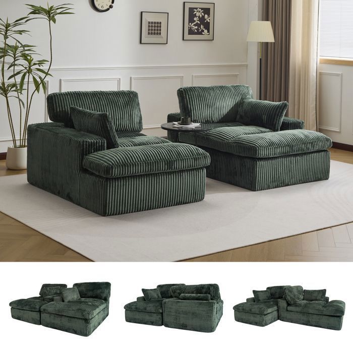 Canapé convertible 4 en 1 – 214x 89 x 145 cm – Sans assemblage-Velours côtelé – Capacité 300 kg-vert