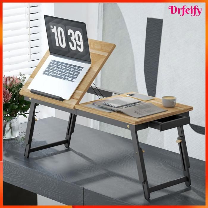Table de lit pour ordinateur portable - AKOZON - 10339 - Bambou laqué - Réglable 23 5–34 cm - Plateau inclinable 30°–60°