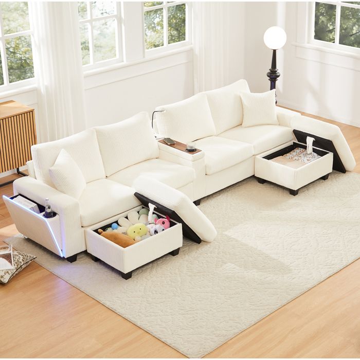 Canapé panoramique en U 6 places beige 334 x 1285 x 81 cm USB/Type-C LED 2 poufs coffre