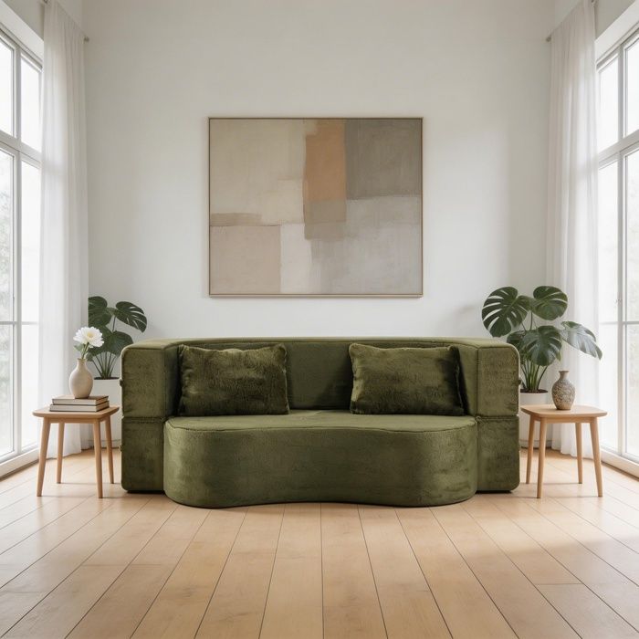 Canapé-lit - Futon compressible pliable - 2 places - Microfibre vert - Mousse haute densité
