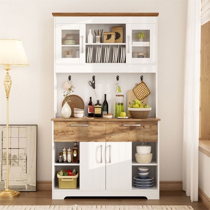 Buffet de Cuisine Bois - Vaisselier avec Vitrine - 2 Tiroirs Portes et Barre à Crochets - Meuble de Rangement Haut - Blanc