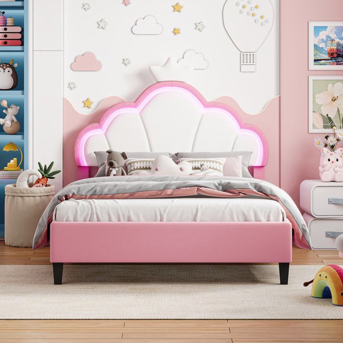Lit princesse enfant 140x190cm avec éclairage LED tête de lit Couronne et réglable en Hauteur sommier à lattes en bois Velours Rose