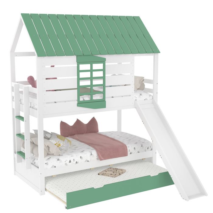 VIVRYN Lit superposé cabane 90x200 cm lit enfant gigogne 90x190 cm toboggan pin blanc et vert