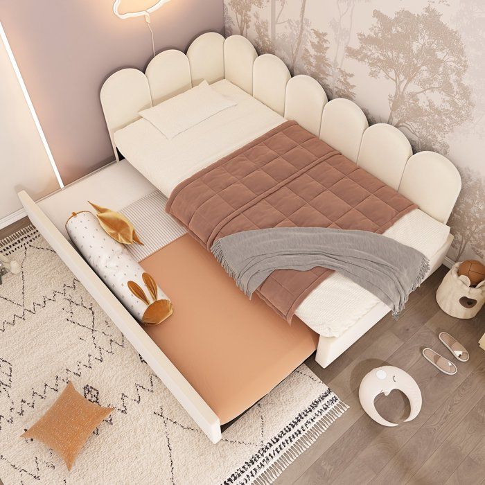 Canapé-lit enfant - LEMONBEST - Design ludique à carreaux - 90x200 cm - Lit gigogne 90x190 cm - Velours beige
