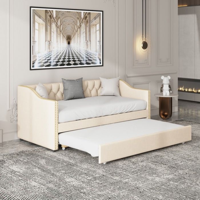 Lit 90x200cm gigogne canapé-lit rembourré de lin pour enfant jeunesse adulte sans matelas beige Lit 90x200cm gigogne canapé-lit rembourré de lin pour enfant jeunesse adulte sans matelas beige
