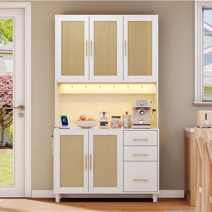 Buffet de Cuisine 3 Tiroirs 2 Portes 2 Prises 2 USB LED App Étagères Réglables - BEAUNIV - Blanc 100×40×183 cm