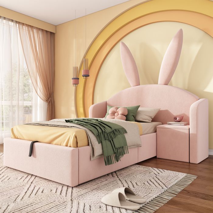 Lit enfant 90x200 avec table de chevet et tête de lit oreilles de lapin lit fille avec rangement hydraulique cadre de lit velours
