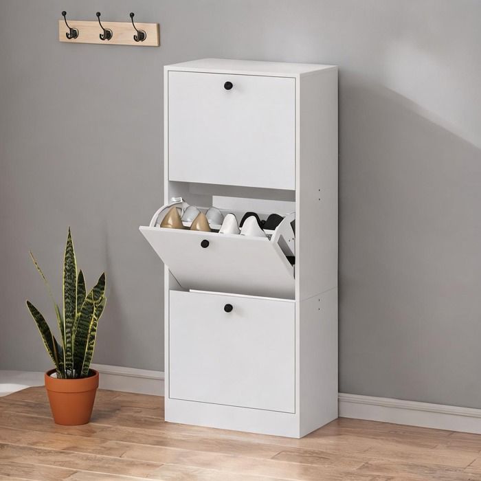 Meuble à chaussures compact 3 volets en bois mélaminé blanc 115 cm 12 paires