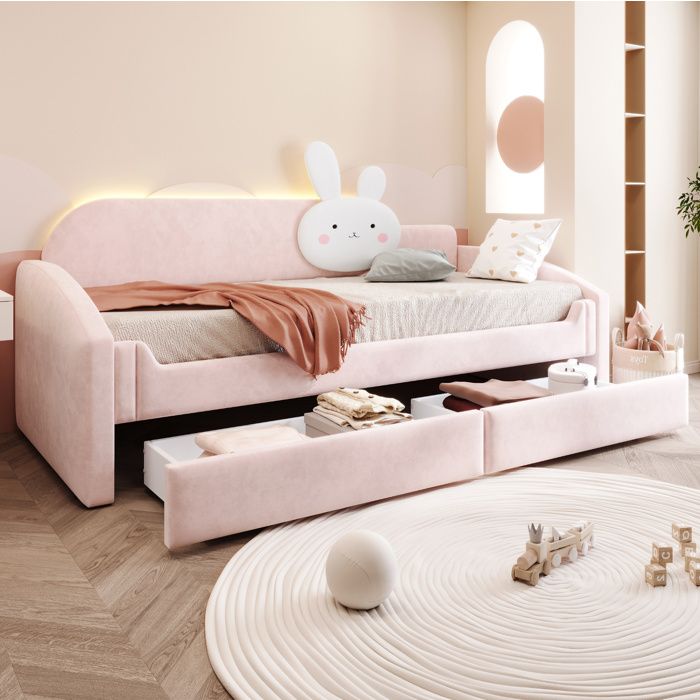 Lit enfant 90 x 200 cm rose avec LED 2 tiroirs sommier à lattes 12 lattes dossier coussin lapin