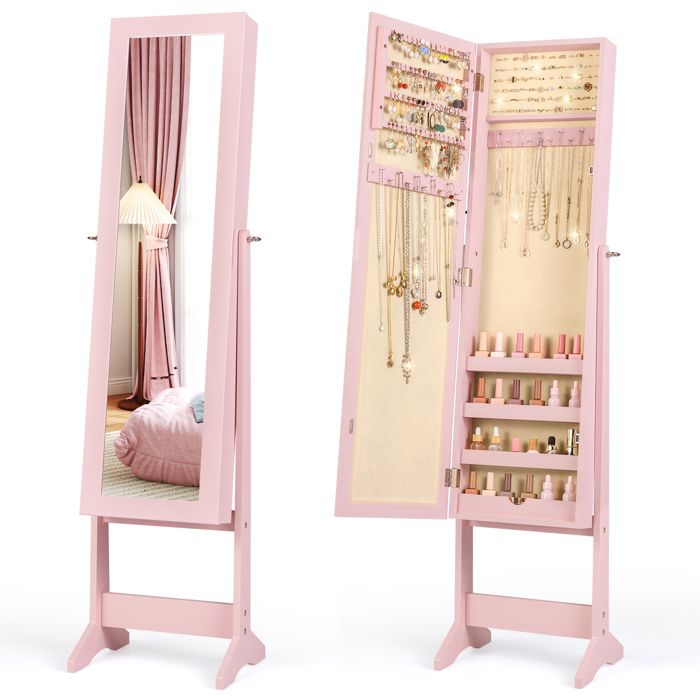 Armoire à Bijoux sur Pied COSTWAY Miroir Plein Long 3 Angles Réglables Crochets pour Colliers Emplacements Étagères Beige Rose