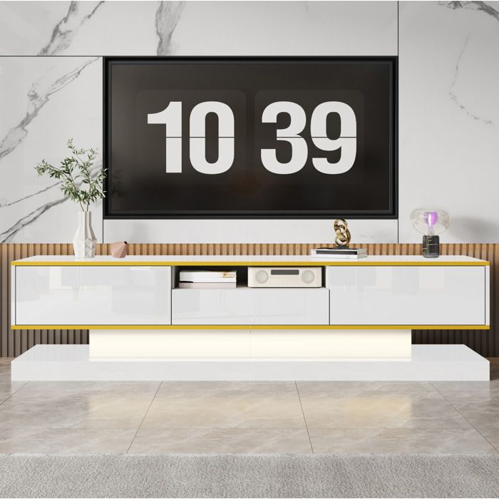 Meuble TV moderne AESVAR 180 x 38 x 45 cm blanc brillant avec 3 tiroirs niche ouverte et LED multicolore