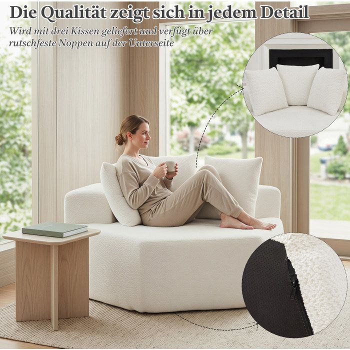 Canapé modulable hexagonal 2 places chenille bouclée 3 coussins beige livré compressé