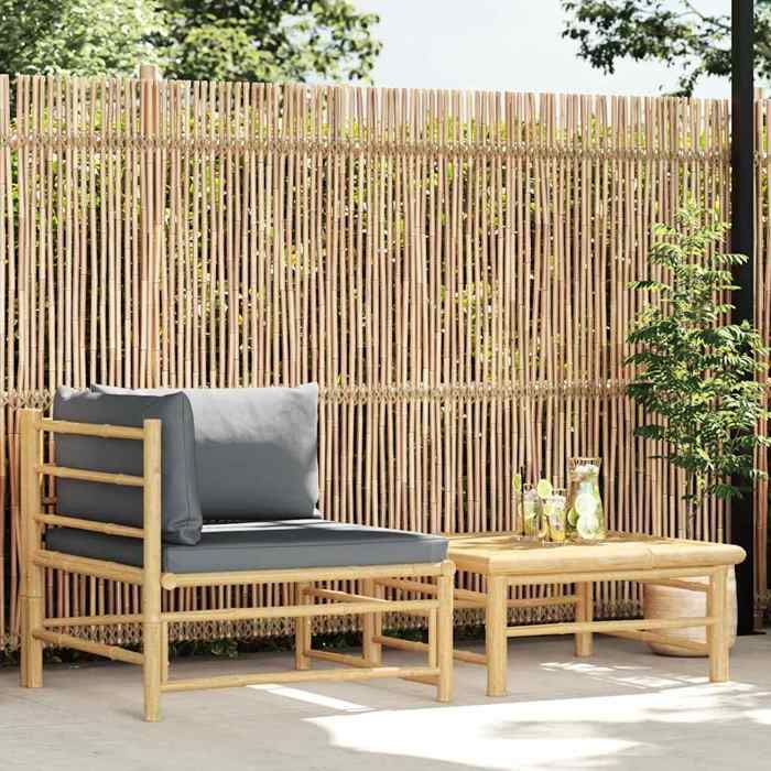Gris Salon de jardin 2 pcs avec coussins gris foncé Bambou - Siège de balcon LV61950