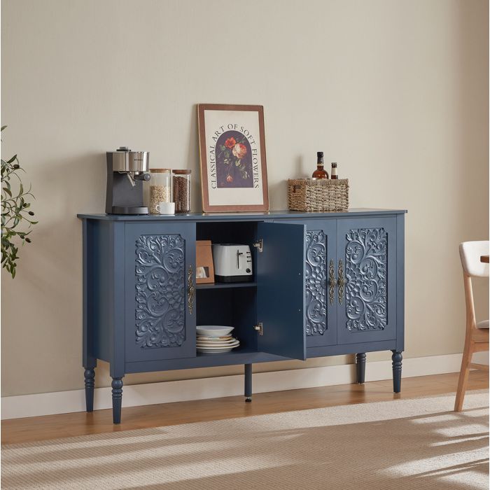 Buffet Bas 4 Portes Bleu Marine Bahut Rétro FloraGrace Pour Salle À Manger Et Salon Grand Rangement 160x40x89cm