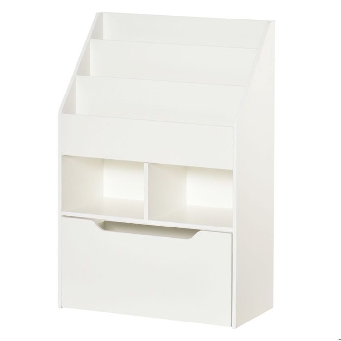 Bibliothèque enfant blanche 60 x 29 9 x 90 cm avec tiroir 3 étagères 2 niches anti-basculement