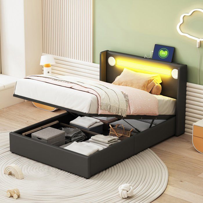 Lit coffre 90x200 en cuir PU avec LED Bluetooth USB et rangement hydraulique