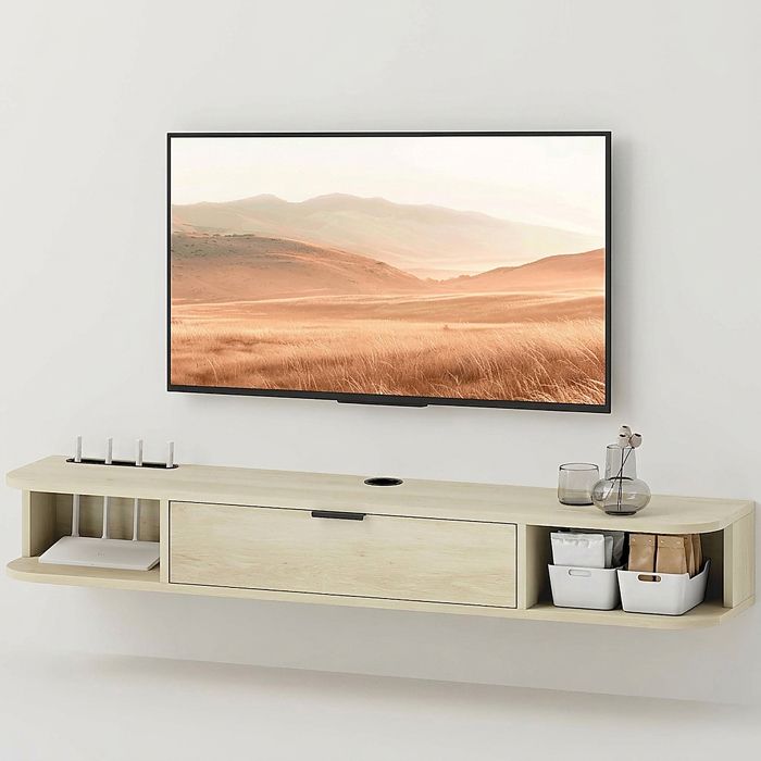 Meuble TV suspendu - Banc TV mural 50 pouces tiroir rabattable 2 niches - 120 x 24 x 16 cm - Bois naturel