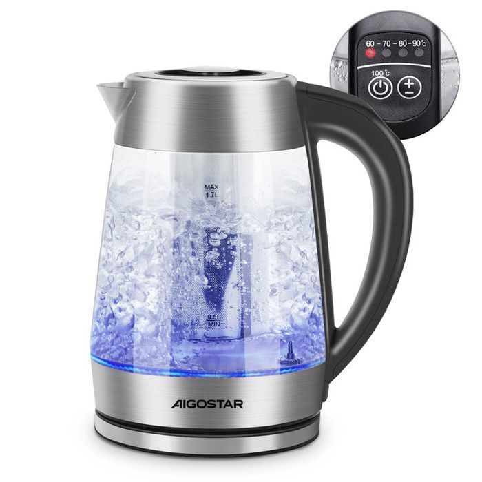 Aigostar Cris - Bouilloire avec infuseur à thé amovible. 17 L 2200W verre borosilicate. LED couleurs. Maintien au chaud 2h.