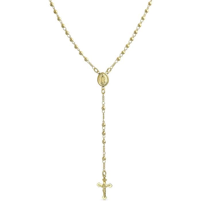 Collier Femme Avec Pendentif Croix Catholique - Cristal Zirconium, Plaqué Or Jaune 750 - Longueur 46-50 Cm