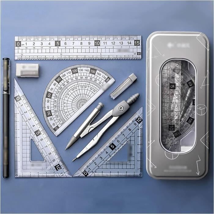 Kit De Géométrie - Lot De 8 Pièces - Règles - Rapporteur - Compas